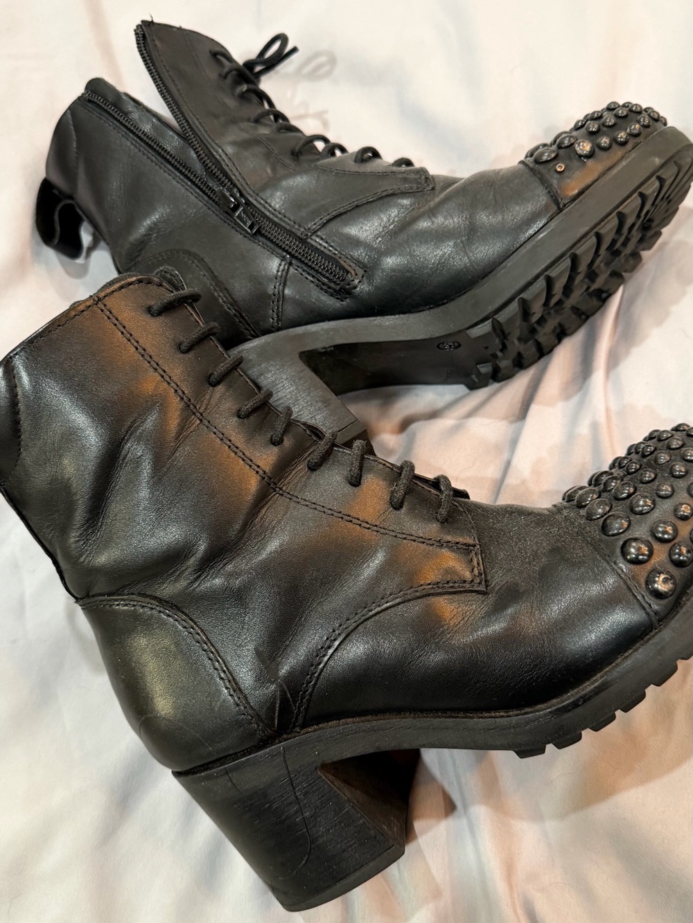 Women's Black Studded Lace-Up Block Heel Ankle Boots - Picture 2 of 3